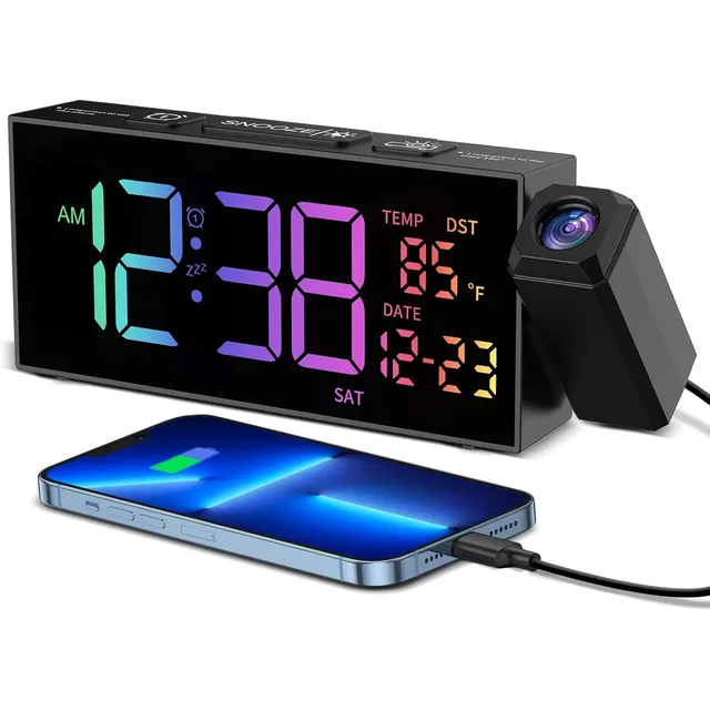 Netzu Projektionswecker mit Datum & Temperatur – Schwarz, RGB-Ziffern