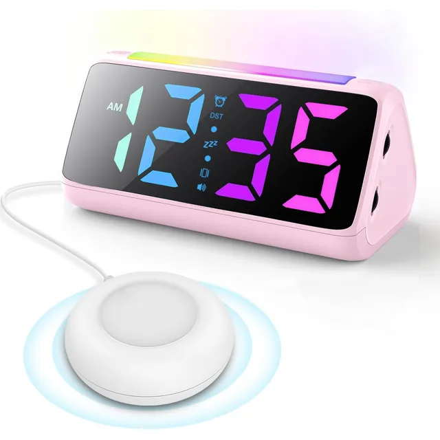 Netzu RGB Night-Light Clock with Bed Shaker – Pink