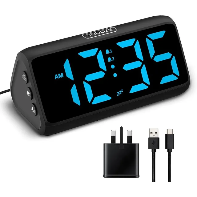 Netzu Bold-Digit Loud Alarm Clock – Black, blue digits