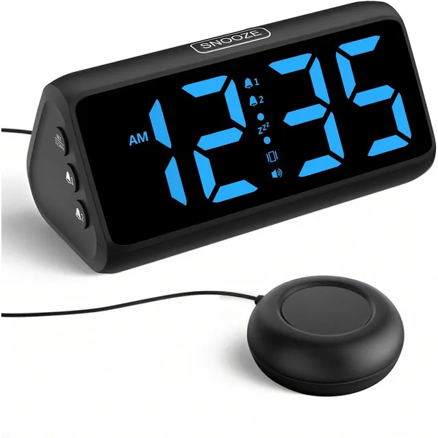 Netzu Vibrationswecker mit Bettvibrator – Schwarz, blaue Ziffern