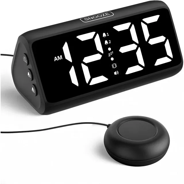 Netzu Vibrationswecker mit Bettvibrator – Schwarz, weiße Ziffern