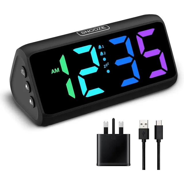 Netzu Bold-Digit Loud Alarm Clock – Black, RGB digits