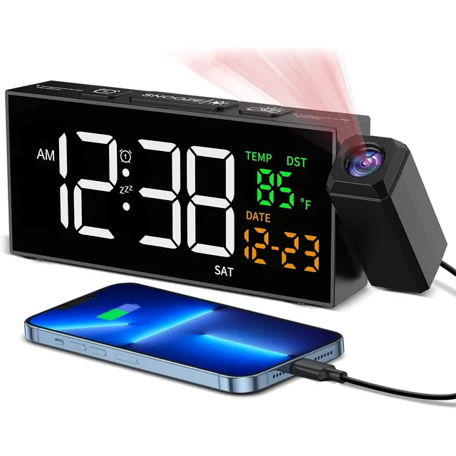 Netzu Projection Alarm Clock with Date & Temperature – Black, white digits