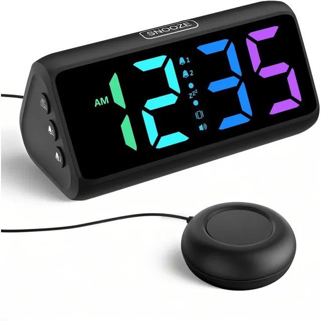 Netzu Vibrationswecker mit Bettvibrator – Schwarz, RGB-Ziffern